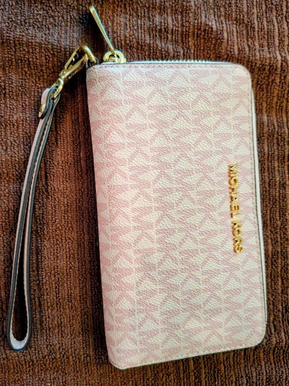 Michael Kors Blush Pink MK Signature Zip Wallet with Gold Hardware